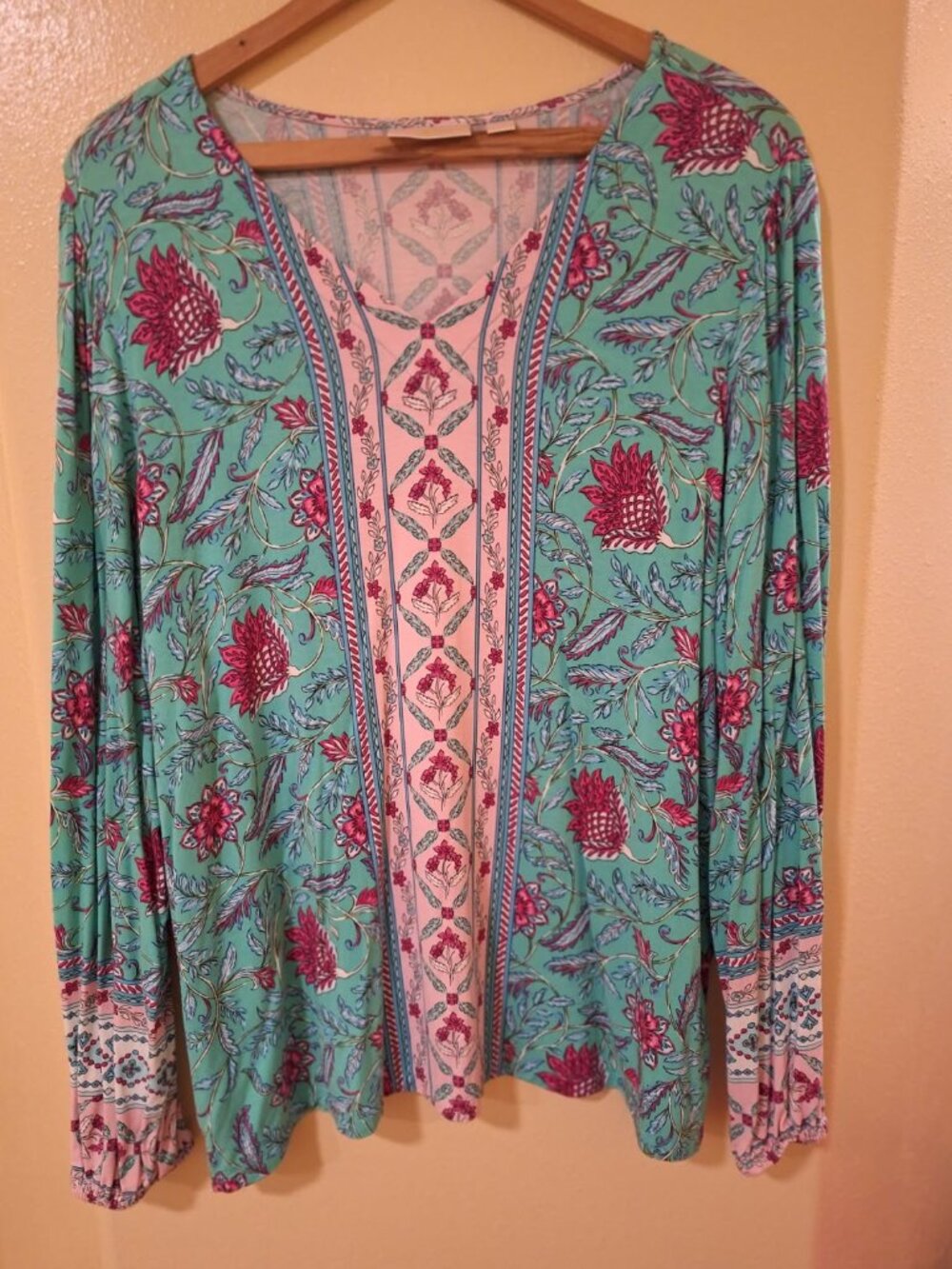 Kim Gravel Belle Boho Floral Print Knit Top Elastic Sleeves - 1X